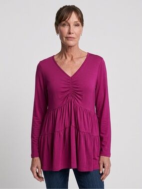 Be Stage V-Neck Tiered Tunic in Fuchsia